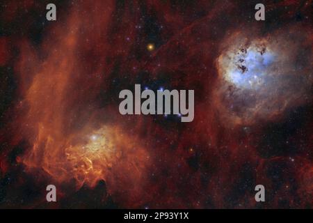 Flaming STAR IC405 und Tadpole Nebel IC410 als HUO-Schmalband-Farbschema 2, Astrofotografie Stockfoto