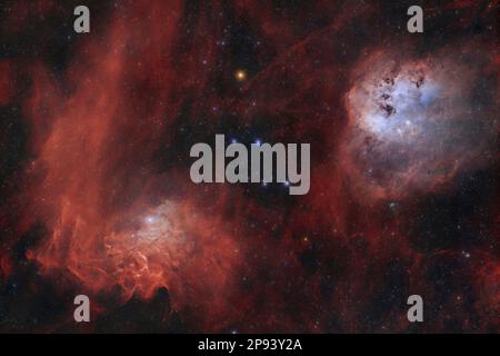 Flaming STAR IC405 und Tadpole Nebel IC410 als HUO-Schmalband-Farbschema 1, Astrofotografie Stockfoto