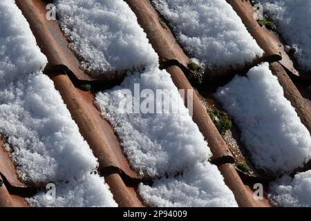 Schnee auf Dachziegeln Stockfoto