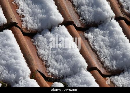 Schnee auf Dachziegeln Stockfoto