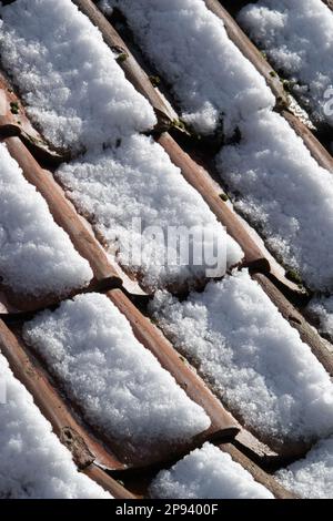 Schnee auf Dachziegeln Stockfoto