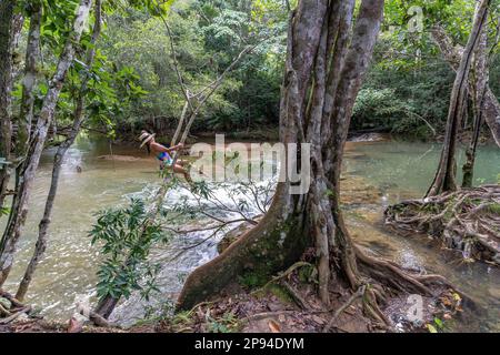 Nordamerika, Karibik, Großantillen, Hispaniola, Dominikanische Republik, Monte Plata Provinz, Bayaguana, Frau, die auf einem Zweig über dem Fluss sitzt Stockfoto