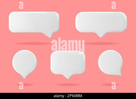 3D glänzend weiße Sprechblasen, isoliert auf pinkfarbenem Hintergrund. Chat-, Nachrichten- und dialogsymbol. Vektordarstellung Stock Vektor
