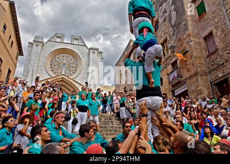 Castellers de Sant Pere i Sant Pau.'Castellers' Gebäude menschlicher Turm, eine katalanische Tradition. Festa de Santa Tecla, Stadtfestival. Plaza de les Cols. Tarra Stockfoto