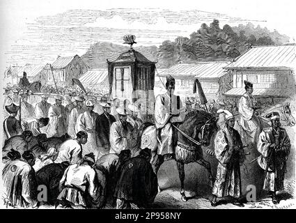 1869 , JAPAN : der Kaiser von Japan MUTSUHITO ( Kaiser Meiji , 1852 - 1912 ) war der 122. Kaiser von Japan nach der traditionellen Erbfolge , die vom 3 . Februar 1867 bis zu seinem Tod regierte . Illustration von Maurand: Der Meiji-Kaiser zieht von Kyoto nach Tokio. Von:' Le Monde Illustre', 20. Februar 1869 . - REALI - nobiltà - ADEL - KÖNIGE - GESCHICHTE - FOTO STORICHE - GIAPPONE - Imperatore - Incisione - Gravur --- Archivio GBB Stockfoto