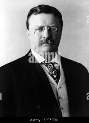 1909 c, USA : die USA Präsident Theodore ( Teddy ) ROOSEVELT , Jr. ( 1858 - 1919 ). - Presidente della Repubblica - USA - Rituto - Portrait - Cravatta - Krawatte - Kragen - colletto - Occhiali - Linse - Brille - Pince-nez - VEREINIGTE STAATEN - Baffi - Schnurrbart - pois - Plka-Punkte ---- Archivio GBB Stockfoto