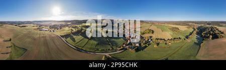 Deutschland, Thüringen, Königsee (Hintergrund), Lichta, Dorf, Felder, Übersicht, Luftaufnahme, teilweise Hintergrundbeleuchtung, 36o° Panorama Stockfoto