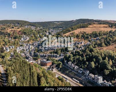 Deutschland, Thüringen, Lauscha, Kleinstadt, erstreckt sich über mehrere enge Täler, Bahnhof, Regionalzüge, Zug 81123 (vorne), Zug 2108 (hinten), Tal, Berge, Wald, Übersicht Stockfoto