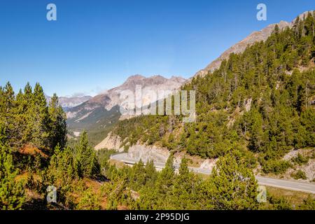 Blick auf den Schweizer Nationalpark vom Fuorn oder Ofen Pass (Pass dal Fuorn). Es verbindet Zernez im Engadin-Tal mit Val Müstair. Stockfoto