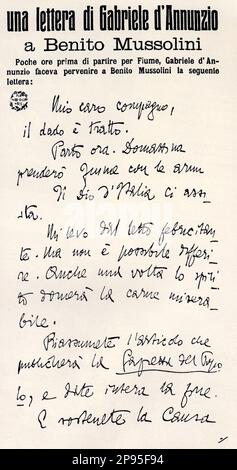 1919 , 11 . september , Fiume , Dalmazia : der italienische Dichter , Politiker und Schriftsteller GABRIELE D'ANNUNZIO ( 1863 - 1938 ) schrieb einen Brief an Benito Mussolini , der am nächsten Tag auf dem Titelblatt der Zeitung POPOLO D' ITALIA veröffentlicht wurde . - SCRITTORE - LETTERATURA - LITERATUR - letterato - POETA - POESIA - POESIE - POESIE - Manoscritto - Lettera - Autograf - Dannunzio - D' Annunzio - IMPRESA FIUMANA --- Archivio GBB Stockfoto