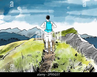 Wanderer genießen den Blick auf die alpine Landschaft. Farbzeichnung/Abbildung Stockfoto