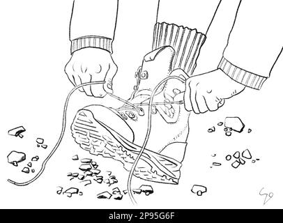 Eine Person schnürt ihre Wanderschuhe an. Zeichnung/Abbildung: Schwarz – weiße Linie Stockfoto
