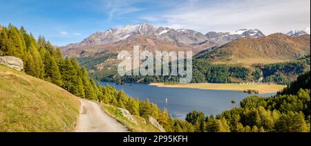 Der Wanderweg von Plaun da Lej nach Grevasalvas (Teil der Via engiadina) bietet eine großartige Aussicht auf den Lake Sils und das obere Engadine Valley (Schweiz). Stockfoto