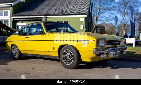 1974 Ford Capri II 3000 GT „PTW473M“ auf der Ford-Versammlung am 26. Februar 2023 im Bicester Heritage Centre. Stockfoto