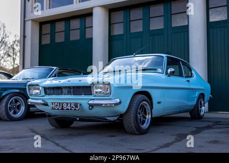 1971 Ford Capri 1600 GT, ausgestellt auf der Ford-Versammlung am 26. Februar 2023 im Bicester Heritage Centre. Stockfoto