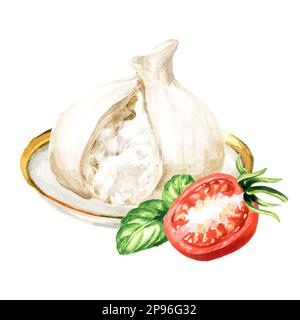 Burrata italienischer Weichkäse mit Tomaten und Basilikum. Handgezeichnete Aquarelldarstellung isoliert auf weißem Hintergrund Stockfoto