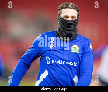 10. März 2023; bet365 Stadium, Stoke, Staffordshire, England; EFL Championship Football, Stoke City gegen Blackburn Rover; Callum Brittain von Blackburn Rover während des Warm-Up Stockfoto