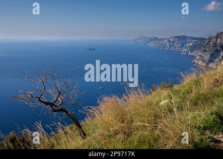 Die Annäherung an Positano vom Walk of the Gods. Tyrrhenisches Meer, Mittelmeer, Amalfiküste Italien. Halbinsel Sorrent Stockfoto