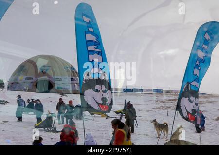 Pirena. Schlittenhunderennen in den Pyrenäen, Spanien, Andorra und Frankreich durchlaufen. La Molina. Provinz Girona. Katalonien. Spanien Stockfoto