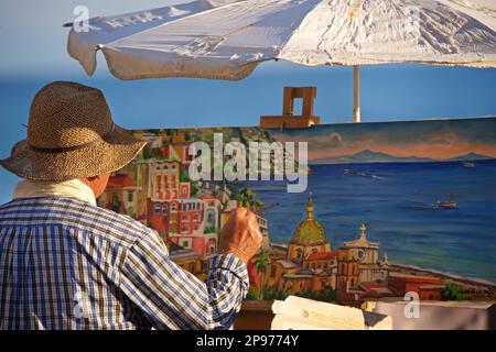 Ein Gemälde eines Künstlers auf Leinwand am Hauptstrand, Positano an der Amalfiküste, in der Nähe von Neapel. Salerno, Italien Stockfoto