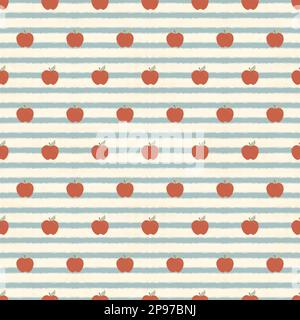 Ein nahtloses Muster aus Lehreräpfeln und blauen Streifen in einem Boho Vintage Farbschema Stockfoto