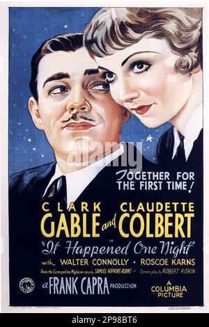 1934 : Die originale Posterwerbung für den Film IT HAPPENING ONE NIGHT ( Accadde una notte ) von FRANK CAPRA , mit CLARK GABLE und CLAUDETTE COLBERT , aus einem Roman von Samuel Hopkins Adams - FILM - USA - KINO - Poster pubblicitario - Poster - Werbung - locandina -- - Archivio GBB Stockfoto