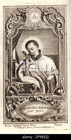 Der italienische Marquis von Mantua SAN LUIGI GONZAGA ( St. Aloysius Gonzaga , 1568 - 1591 ) mit dem Kruzifix , Frontbild ( von Domenico Cagnoni ) des Buches SAN LUIGI GONZAGA GIOVANE ANGELICO , gewidmet Vincenzo Pisani , Podesta di Verona , gedruckt von Verantonio , Pierno , 1756 . San Luigi war ein italienischer Jesuit. Er war der älteste Sohn des Condottiero Ferrante Gonzaga, eines Prinzen des Heiligen Römischen Reiches, und Marta Tana Santena, Tochter eines Barons aus Piemont, der Familie della Rovere. Die Familie wurde 1581 nach Spanien gerufen, um Kaiserin Maria von Österreich zu helfen. Sie sind angekommen Stockfoto