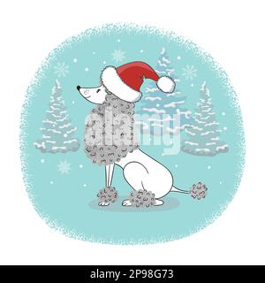Weihnachtskarte mit Cartoon-Pudelhund in Weihnachtsmannmütze. Vector Holiday Poster. Stock Vektor