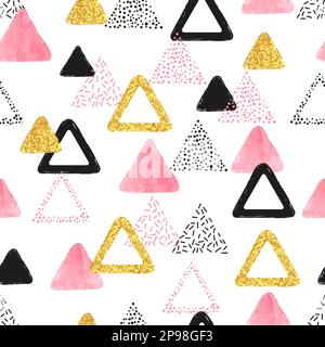 Nahtloses Muster mit pinkfarbenen, schwarzen und goldenen Dreiecken. Abstrakter Vektorhintergrund mit geometrischen Formen. Stock Vektor
