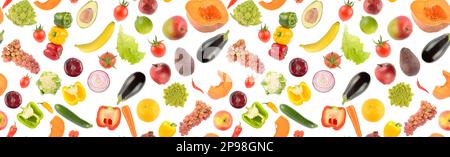 Farbenfrohes, nahtloses Muster, frisches, helles Gemüse und Früchte, isoliert auf weißem Hintergrund. Stockfoto
