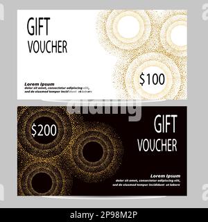 Geschenkgutschein in Gold, Schwarz und Weiß. Vektorvorlage für Geschenkgutschein, Gutschein, Flyer, Einladung, Banner. Stock Vektor