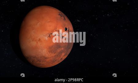 Raumsonde nähert sich dem Planeten Mars. 3D-Rendering Stockfoto