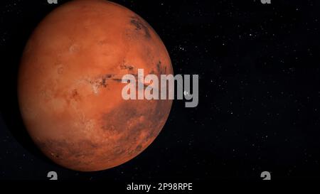 Raumsonde nähert sich dem Planeten Mars. 3D-Rendering Stockfoto
