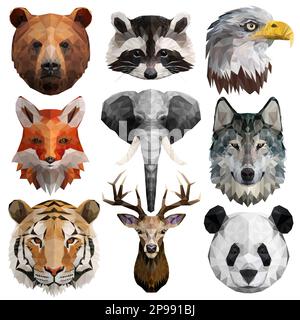 Zeichnungsset mit Tiermotiven. Säugetiere, Bären, Waschbären, Weißkopfseeadler, Füchse, Elefant, Wolf, Tiger, Hirsch, Panda. Darstellung des geometrischen Vektors. Flaches Design. Polyg Stock Vektor
