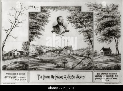 Der westliche Gesetzlose JESSE JAMES ( Jesse Woodson James 1847 - 1882 ) . Populäre Abschrift mit dem Haus von Frank & Jesse James und der babptistischen Kirche in Kearney, in der die Beerdigung stattfand - Selvaggio WEST - epopea del - FUORILEGGE - Bandito --- Archivio GBB Stockfoto