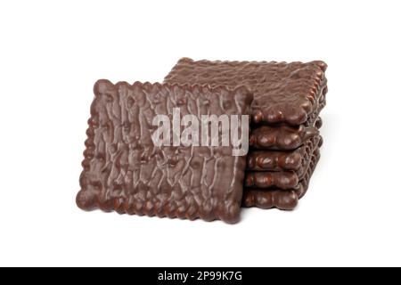 Biscuit Coated in Dark Chocolate Isolated, Square Cookies, Rectangular Shortbread, Crunchy Digestive Cookie auf weißem Hintergrund Stockfoto