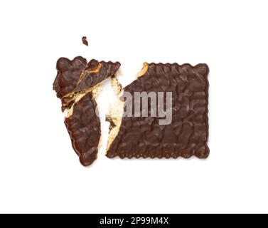 Broken Biscuit Coated in Dark Chocolate Isolated, Crumbled Square Cookies, Rectangular Shortbread Pieces, Crunchy Digestive Cookie Bites, Crumbs on Wh Stockfoto