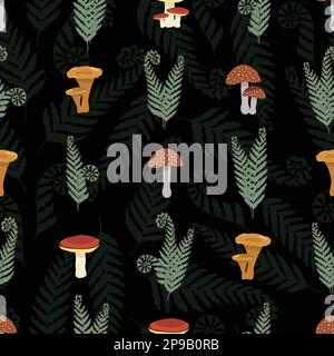 Nahtlose Vektormuster, Pilze und Farn, Pilze. Hervorragend geeignet für Textilien, Verpackungen und Verpackungen. Vektordarstellung Stock Vektor