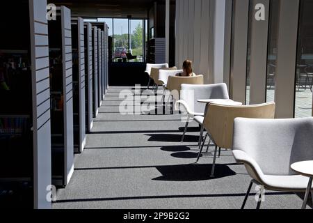 Licht und Schatten mit Reihen von Bücherregalen in der öffentlichen Bibliothek. Lern- und Bildungskonzept. Stockfoto