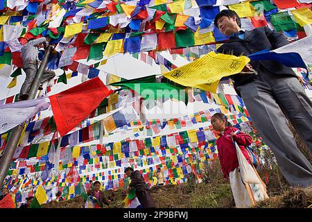 Menschen hängen tibetische Gebetsflaggen in Lhagyal Ri, nahe Tsuglagkhang Komplex, McLeod Ganj, Dharamsala, Himachal Pradesh Staat, Indien, Asien Stockfoto