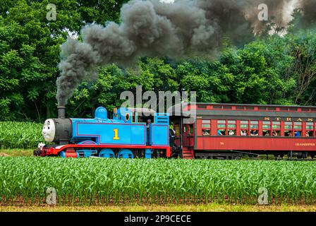 Strasburg, Pennsylvania. Juni 48 2021 - Blick auf Thomas, den Zug, der an einem sonnigen Tag Pkw zieht, die Rauch und Dampf blasen Stockfoto