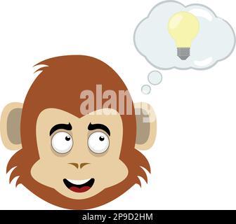 vektorbild eines Affenkartoons mit Wolkengedanken und Glühbirne, im Konzept guter Idee, Kreativität und Innovation Stock Vektor