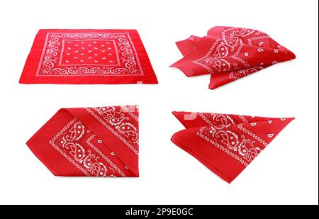 Rote Bandanas mit Paisleymuster auf weißem Hintergrund, Collage Stockfoto