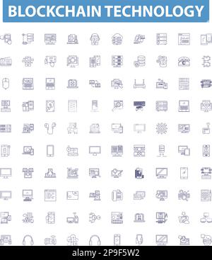 Blockchain-Technologie-Liniensymbole, Zeichen gesetzt. Blockchain, Technologie, Dezentralisiert, Ledger, Kryptografie, Kryptowährung, Konsens, Transaktion Stock Vektor