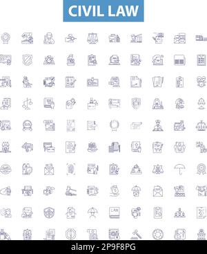 Symbole für Zivilrechtslinien, Zeichen gesetzt. Zivilrecht, Gesetz, gemein, Vertrag, Delikt, Eigenschaften, Nachfolge, Vertrauen, verhandelbare Gliederungsvektordarstellungen. Stock Vektor