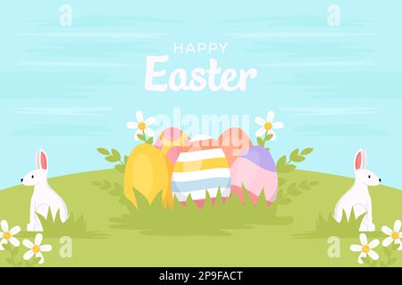 Flaches Design, fröhliche osterzeichnung mit Eiern und Kaninchen Stock Vektor