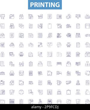 Zeilensymbole werden gedruckt, Zeichen eingestellt. Drucken, Tinte, Papier, Laser, Druck, Vektorabbildungen für Farben, Maschinen, Digital, Broschüren. Stock Vektor