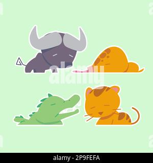 Süße wilde Tiere, darunter Löwe, Tiger, Nilpferd, Krokodil, Fuchs, zebra, Giraffe und Elefant. Safari Dschungeltiere Vektor. Waldtiervergiftung Stock Vektor