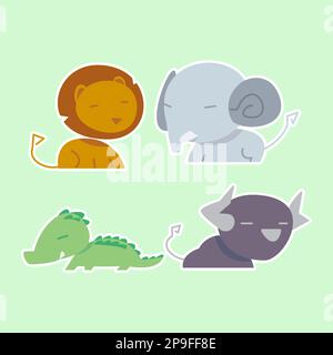 Süße wilde Tiere, darunter Löwe, Tiger, Nilpferd, Krokodil, Fuchs, zebra, Giraffe und Elefant. Safari Dschungeltiere Vektor. Waldtiervergiftung Stock Vektor