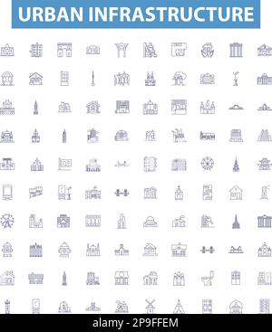 Liniensymbole für städtische Infrastruktur, Schilder gesetzt. Stadtbild, Straßen, Brücken, Eisenbahnen, Abwasser, Hilfsmittel, Straßenlaternen, Hilfsmittel, Wasserstraßen Stock Vektor